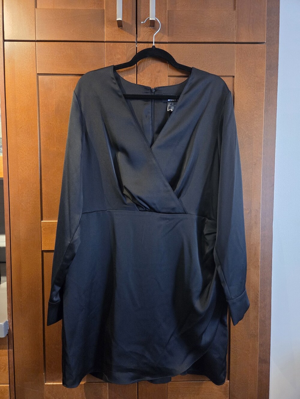 DKNY Black Satin Faux Wrap Tulip Hem Cocktail Dress Size 16 NWT